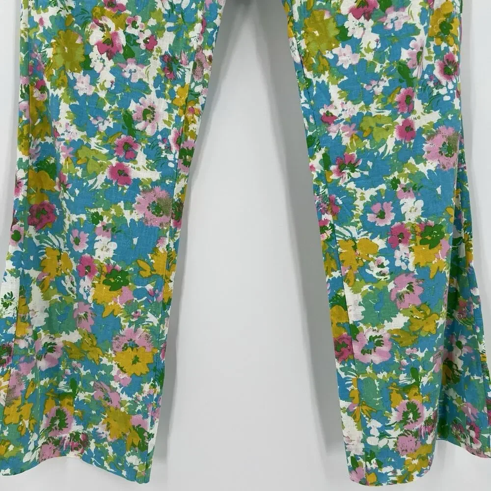 Zara Women's Size 2‎ Floral Linen Blend Mini Flare Trouser Pants Cropped NWT